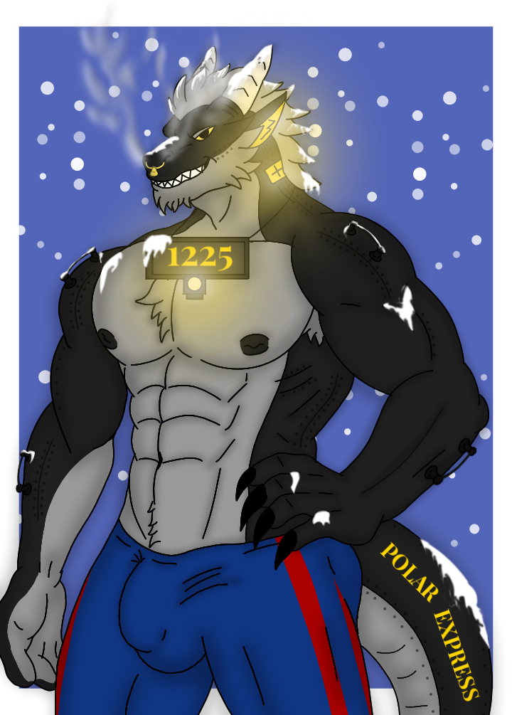 anthro big_tail black_body claws dragon horn how_to_dragon_your_train lights living_machine machine male muscular nicolasthewolf punk_hair reptile scalie smoke_from_nose snow snowing solo tail the_polar_express