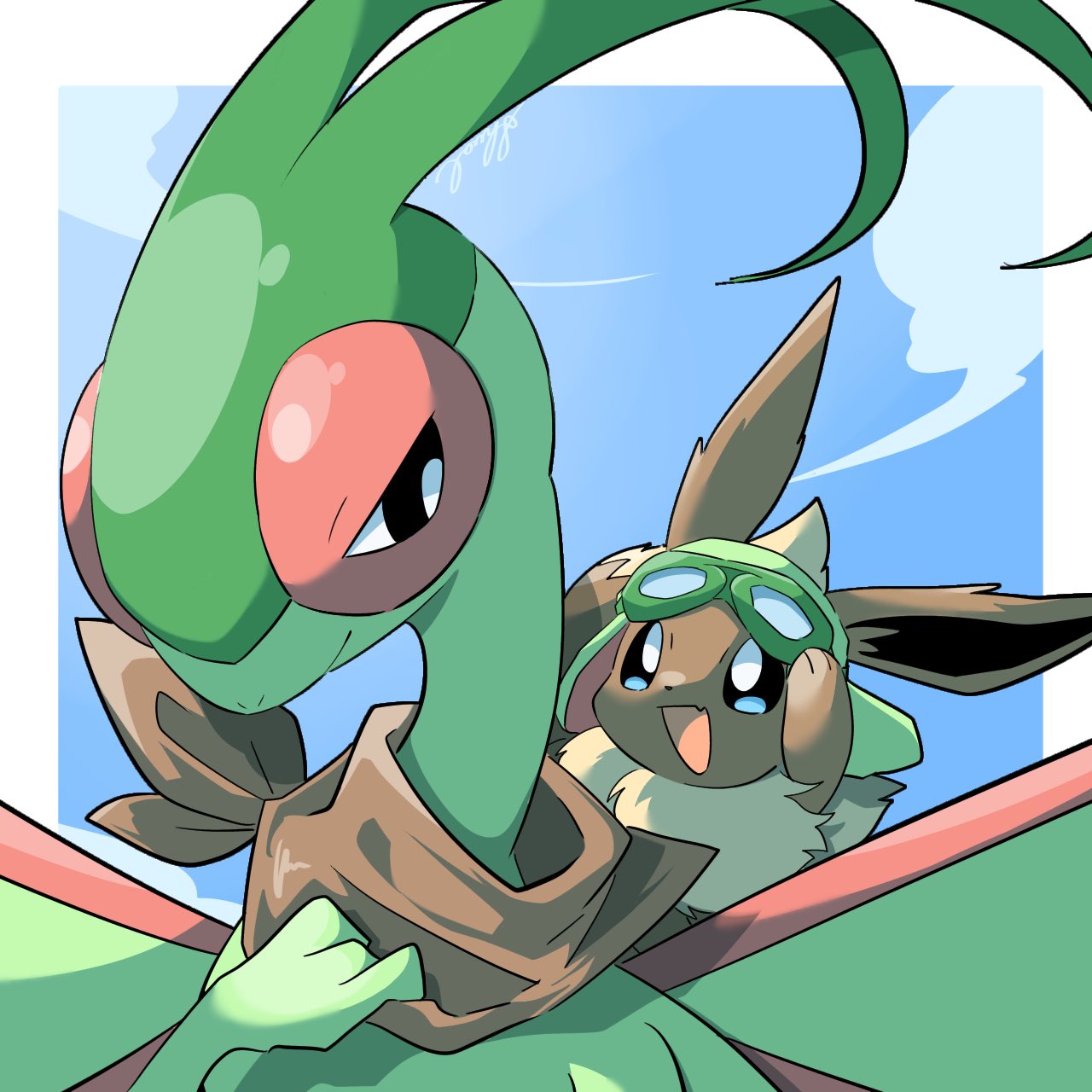 :d animal_focus antennae black_eyes blue_sky border brown_fur brown_scarf cloud colored_skin commentary_request eevee flygon goggles goggles_on_head green-framed_eyewear green_skin highres no_humans pokemon pokemon_(creature) scarf shual3734 sky smile upper_body white_border