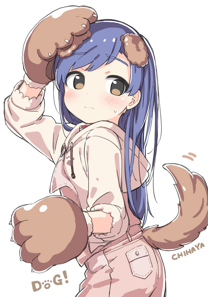 animal_ears animal_hands blue_hair blush brown_eyes character_name cowboy_shot dog_ears dog_tail dot_nose embarrassed floppy_ears from_side gloves hand_on_own_head hood hood_down hoodie idolmaster idolmaster_(classic) kisaragi_chihaya kuresuku_(lessons) long_hair long_sleeves looking_back overalls paw_gloves pink_overalls simple_background standing straight_hair sweatdrop tail tail_wagging tareme white_background white_hoodie