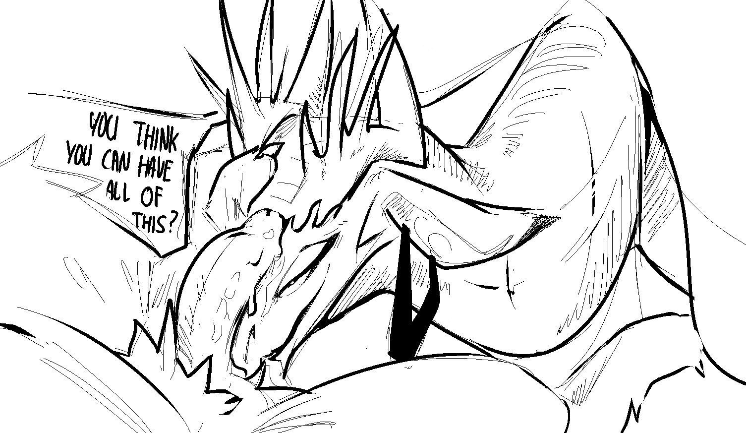 anthro bedroom_eyes caressing_face dragon duo female feral genitals grabbing_head long_neck looking_up looking_up_at_partner male male/female nahyon narrowed_eyes penis penis_on_face seductive siela_(velannal) smile speech_bubble spikes spikes_(anatomy) teasing unidentified_species