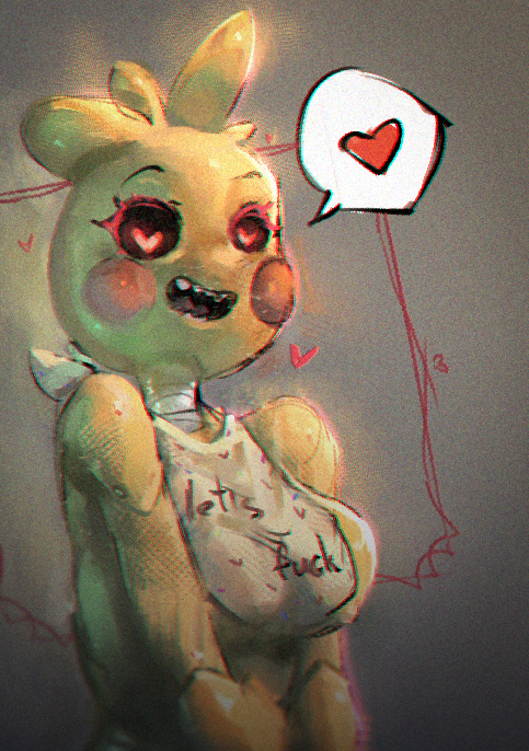 &lt;3 avian bird chicken female five_nights_at_freddy's five_nights_at_freddy's_2 galliform gallus_(genus) humanoid nipples phasianid red_cheeks scottgames smile solo speech_bubble tea_patriarch toy_chica_(fnaf) yellow_body