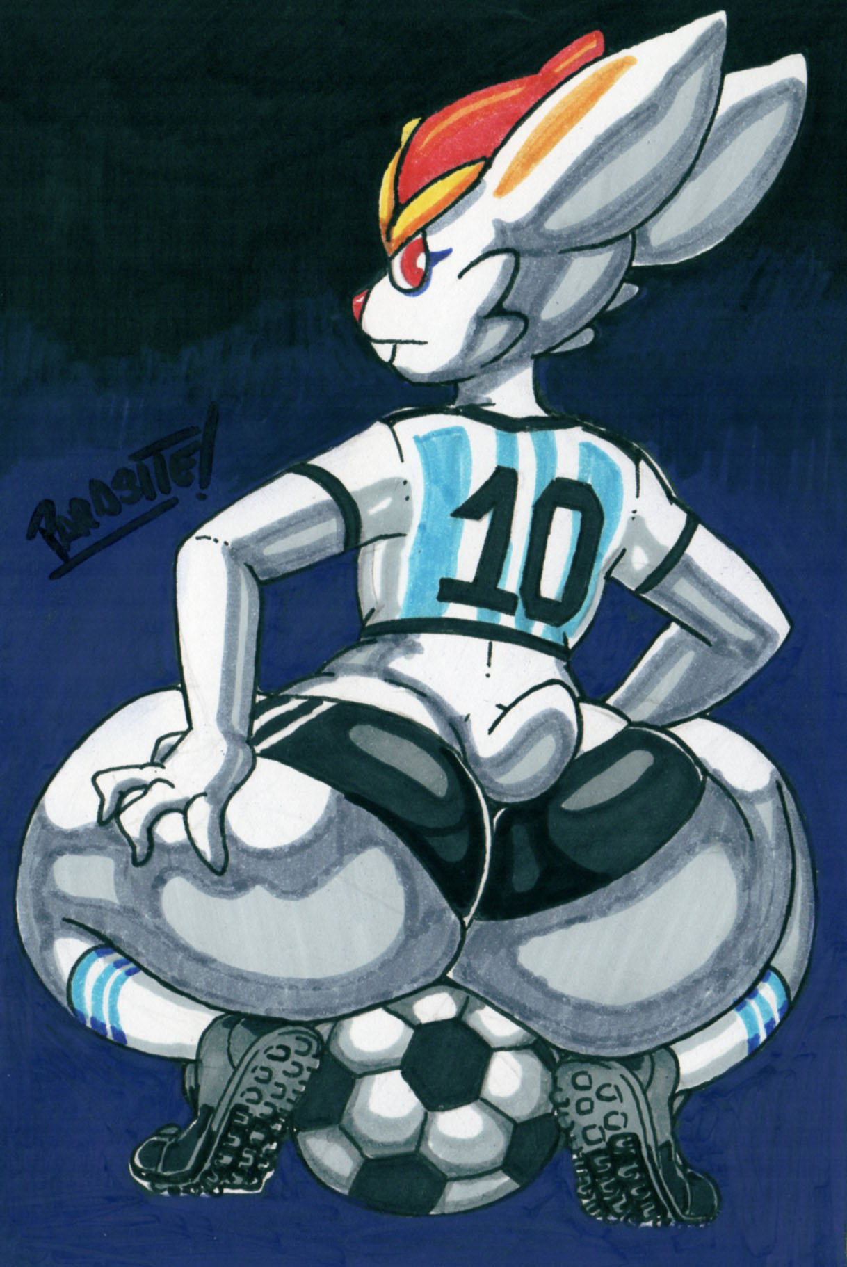 2023 4_fingers anthro artist_name ball big_butt bottom_heavy bottomwear bubble_butt buckteeth butt cinderace clothed clothing crouching fingers fur generation_8_pokemon girly graphite_(artwork) hi_res hotpants huge_butt huge_thighs looking_at_viewer looking_back male marker_(artwork) nintendo orange_eyes parasitedeath pencil_(artwork) pokemon pokemon_(species) short_tail shorts signature simple_background skimpy soccer_ball soccer_uniform solo sportswear tail teeth thick_thighs traditional_media_(artwork) uniform white_body white_fur wide_hips