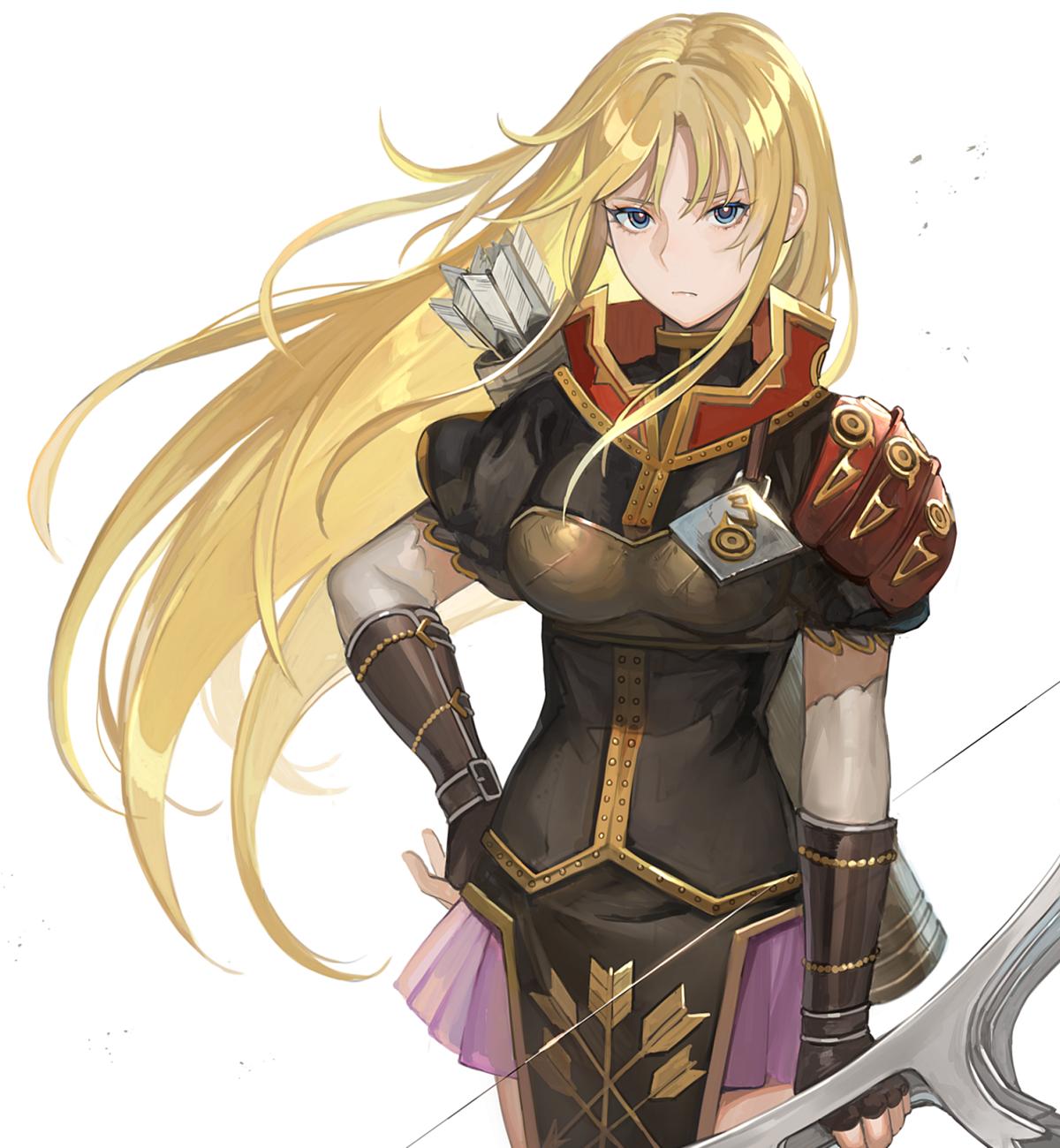 1girl arrow blonde_hair blue_eyes bow_(weapon) breastplate closed_mouth elbow_gloves fingerless_gloves fire_emblem fire_emblem:_shin_monshou_no_nazo gloves highres holding holding_bow_(weapon) holding_weapon kuraine kyufe long_hair nintendo quiver short_sleeves simple_background skirt solo weapon white_background
