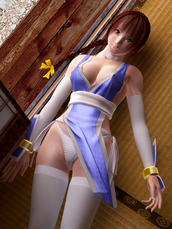 3d bow braid braids brown_eyes brown_hair dead_or_alive erect_nipples incise_soul japanese_clothes kasumi kasumi_(doa) m-rs panties tecmo thighhighs underwear