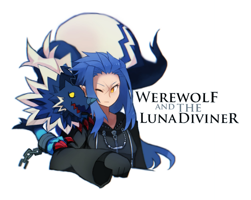 blue_fur blue_hair canid canine canis claws clothed clothing fur gloves hair heartless human kingdom_hearts male mammal multicolored_fur red_claws saix scar shackles simple_background square_enix two_tone_fur video_games werewolf_(heartless) white_fur wolf yellow_eyes