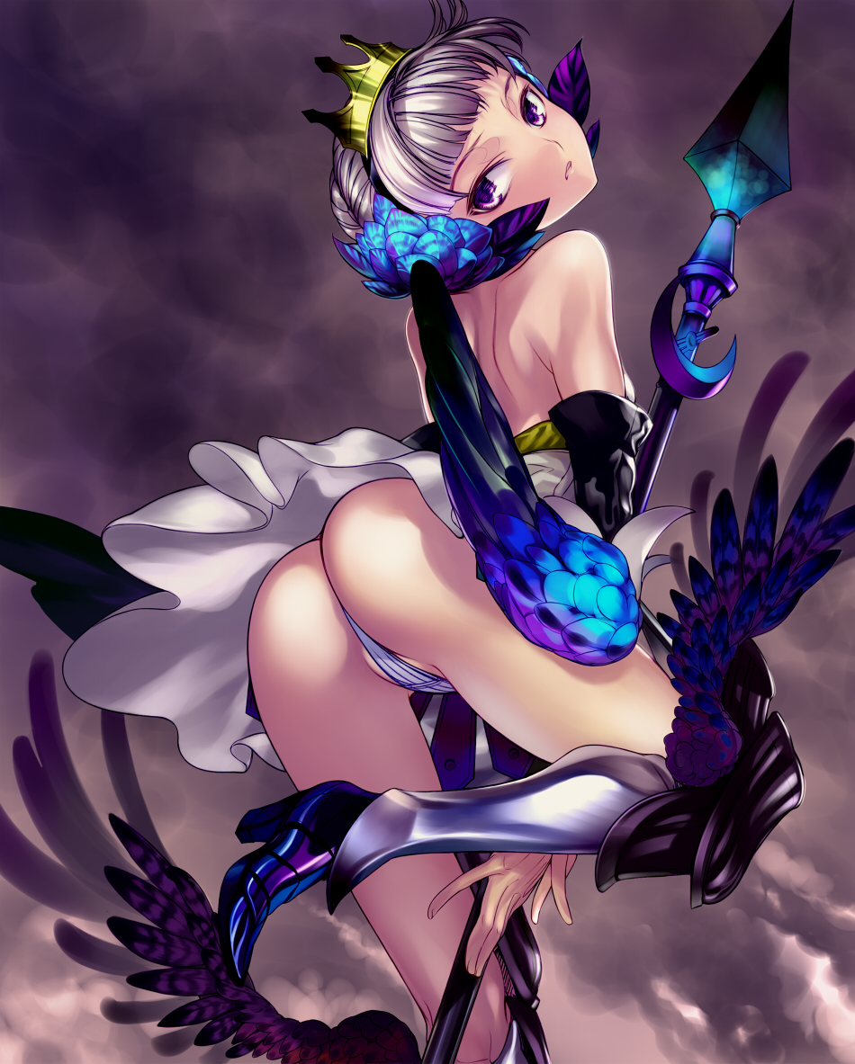 armor armored_dress ass crown dress greaves gwendolyn looking_back multicolored multicolored_wings odin_sphere panties pantyshot polearm purple_eyes short_hair silver_hair skirt spear strapless strapless_dress thighhighs tomiyama_akiji underwear weapon wings