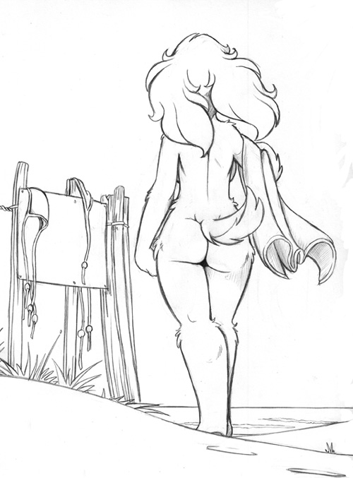 2011 anthro back_boob beach bikini breasts butt canid canine canis clothing conditional_dnp domestic_dog female fur hair jay_naylor mammal nude rear_view seaside sketch solo standing swimsuit towel traditional_media_(artwork) trixie_(jay_naylor)