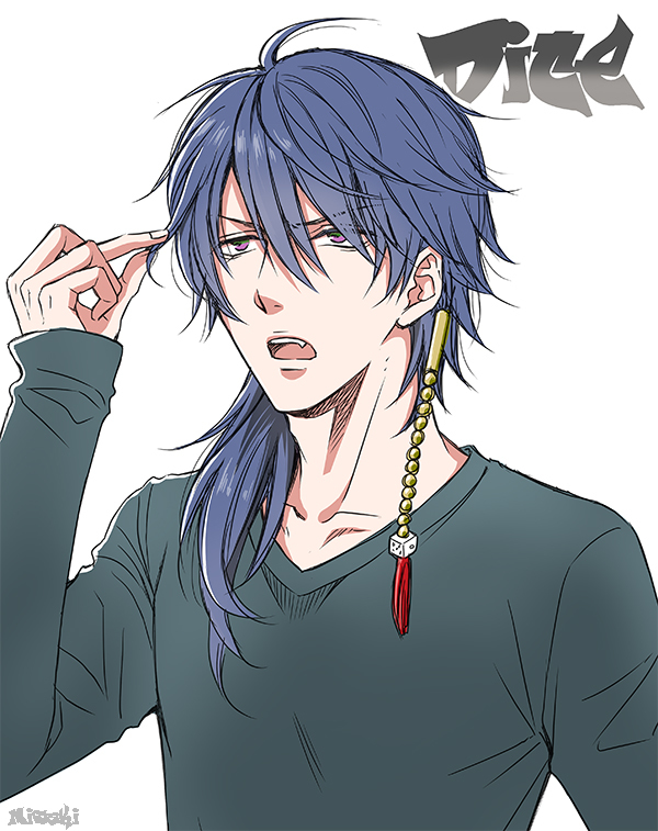 1boy arisugawa_dice blue_hair hair_ornament hypnosis_mic long_hair open_mouth plain_background purple_eyes white_background