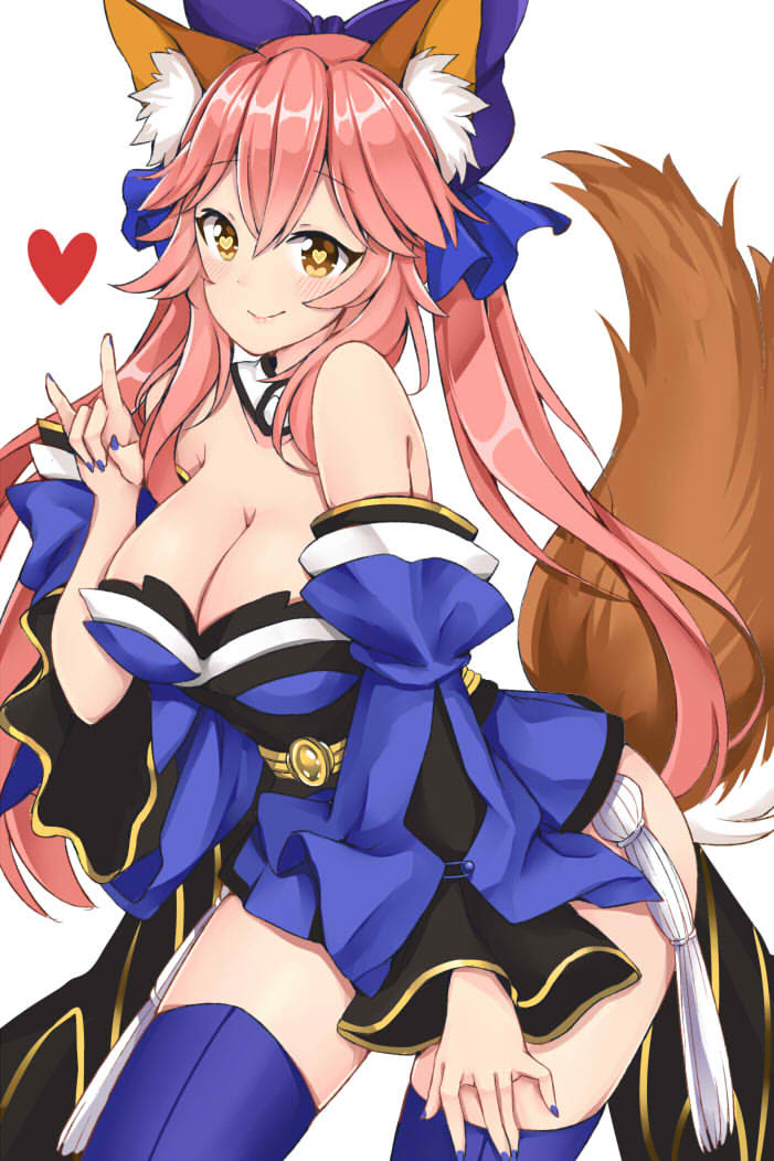 1girl animal_ear_fluff animal_ears bare_shoulders blue_kimono blue_legwear blue_ribbon blush breasts cleavage collarbone fate/grand_order fate_(series) fox_ears fox_girl fox_shadow_puppet fox_tail hair_ribbon heart heart-shaped_pupils japanese_clothes kimono large_breasts looking_at_viewer mo_(k40633) nail_polish pink_hair ribbon simple_background symbol-shaped_pupils tail tamamo_(fate)_(all) tamamo_no_mae_(fate) white_background yellow_eyes