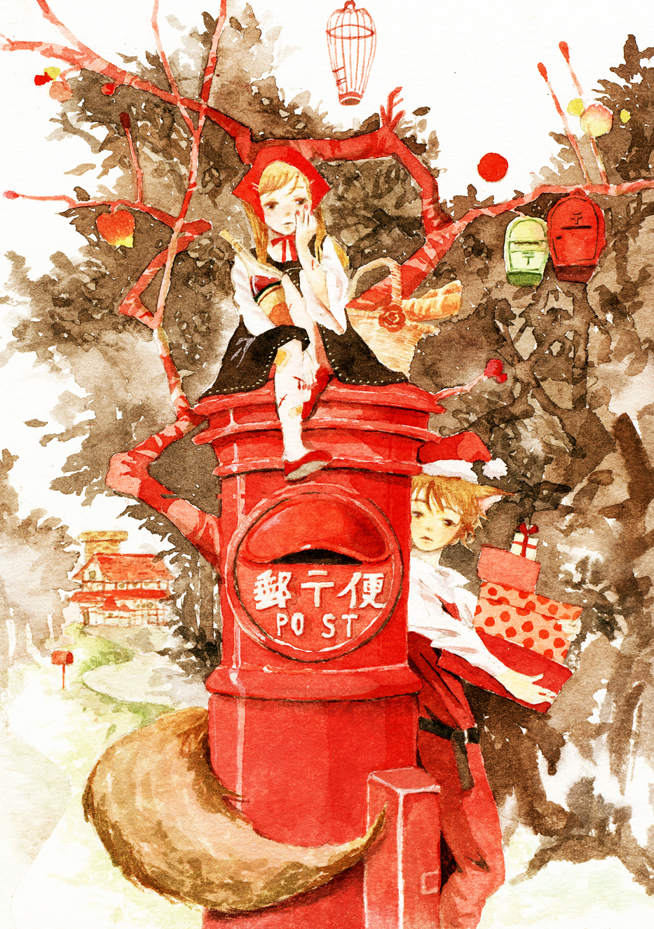 1girl animal_ears apple big_bad_wolf_(grimm) birdcage cage food fruit gift hat highres honoka_(artist) house japanese_cylindrical_postbox japanese_postal_mark little_red_riding_hood little_red_riding_hood_(grimm) mailbox_(incoming_mail) postbox_(outgoing_mail) santa_hat tail traditional_media tree watercolor_(medium) wolf_ears