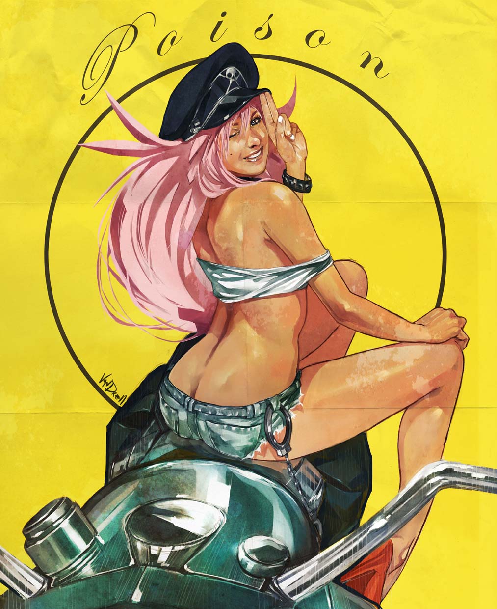 ass back big_hair blue_eyes butt_crack cuffs daniel_oduber denim denim_shorts final_fight ground_vehicle handcuffs hat high_heels highres lips long_hair male_focus motor_vehicle motorcycle one_eye_closed peaked_cap pink_hair pinup poison_(final_fight) realistic shoes shorts smile solo
