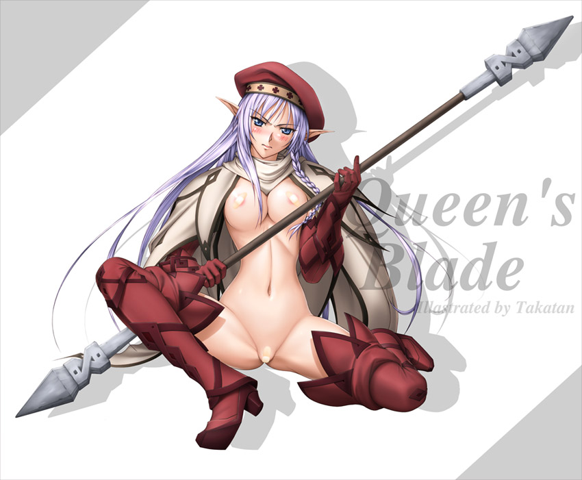 alleyne_(queen's_blade) alternate_color bandaid bandaid_on_pussy bandaids_on_nipples beret blush boots braid cape elbow_gloves elf gloves hat long_hair nude pasties pointy_ears polearm purple_hair queen's_blade side_braid solo staff takatan thigh_boots thighhighs weapon