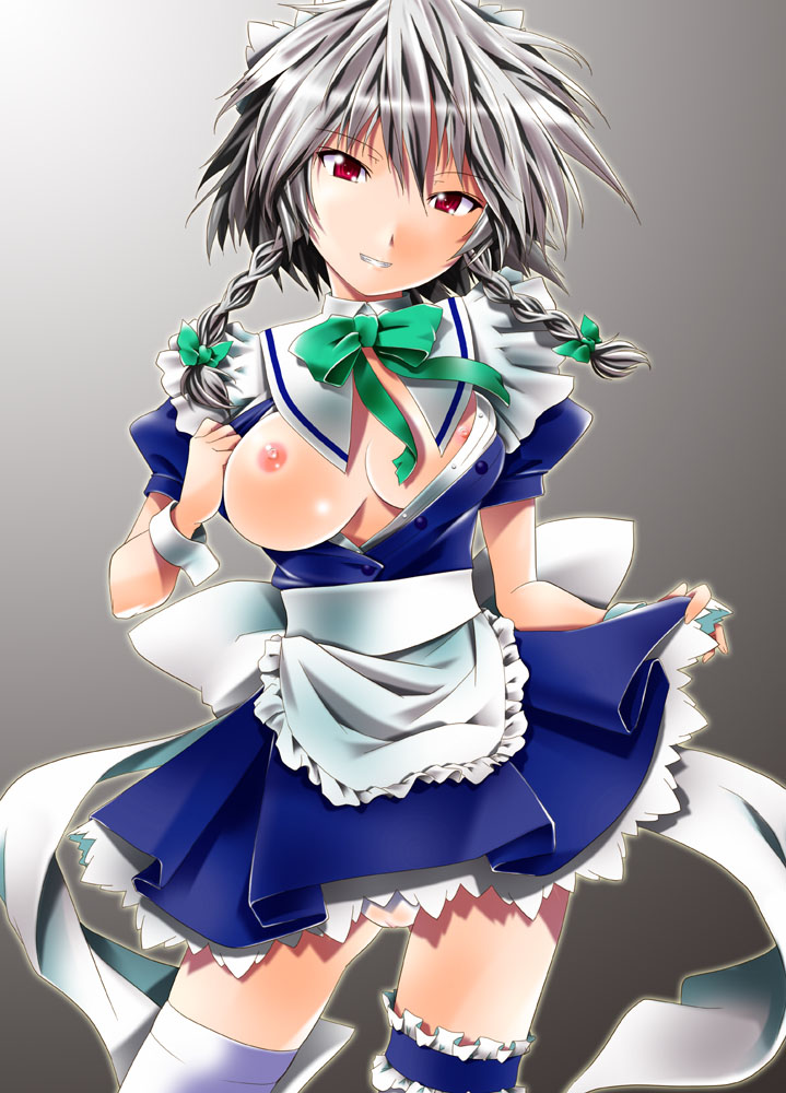 bow braid breasts dress grin hair_bow hairband izayoi_sakuya kanoe large_breasts maid nipples open_clothes panties red_eyes short_hair silver_hair smile solo thighhighs touhou twin_braids underwear undressing