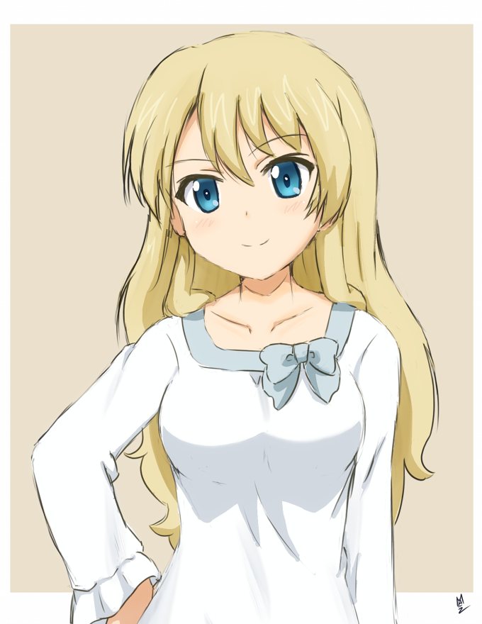 1girl alternate_costume blonde_hair blue_eyes blush bow collarbone contrapposto darjeeling girls_und_panzer hair_down hand_on_hip long_hair looking_at_viewer ma-2_(konkon_kitakitsune) pajamas signature simple_background sleepwear smile solo upper_body