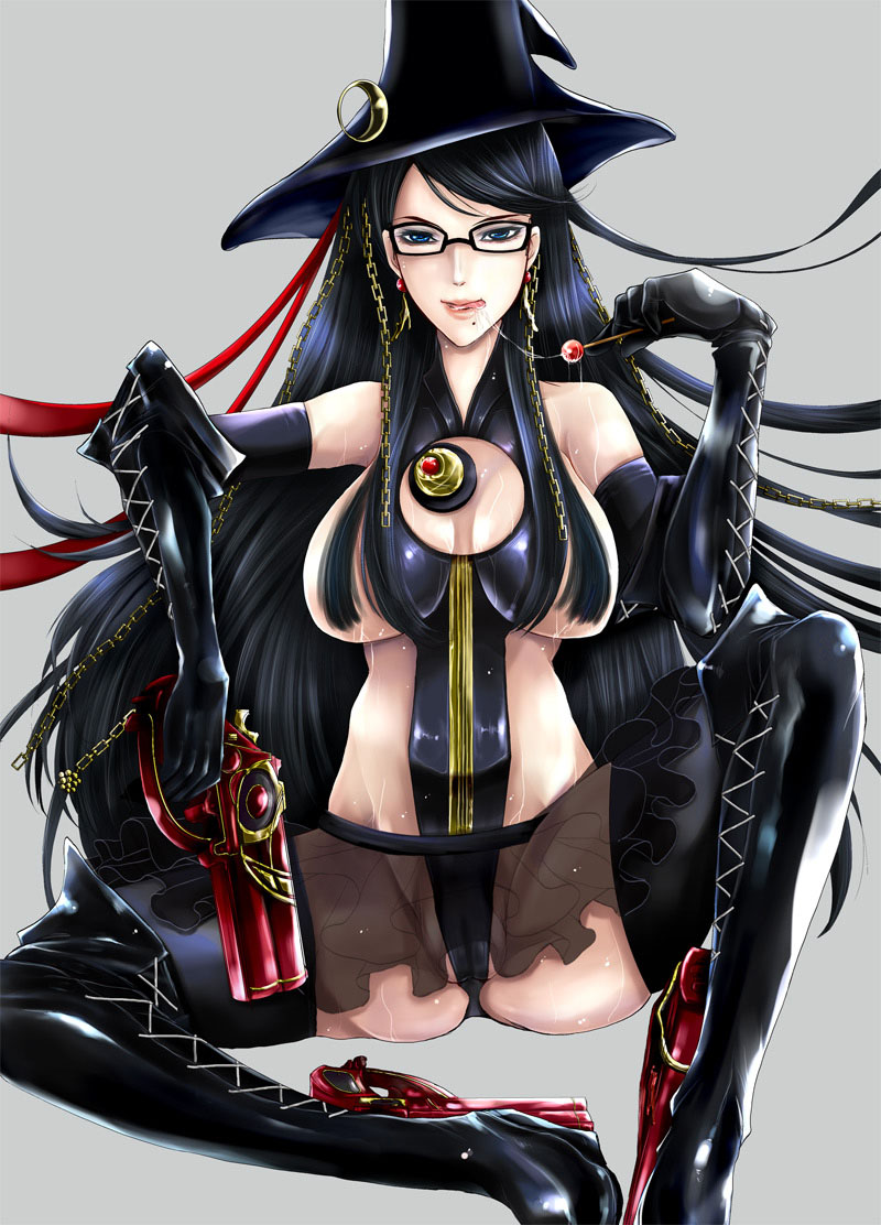 alternate_costume amulet bad_id bad_pixiv_id bayonetta bayonetta_(character) black_hair blue_eyes boots breasts candy cleavage_cutout elbow_gloves eyeshadow food gloves gun handgun large_breasts lollipop long_hair makeup mole mole_under_mouth partially_visible_vulva riria saliva saliva_trail sitting solo spread_legs sweat thigh_boots thighhighs tongue tongue_out weapon