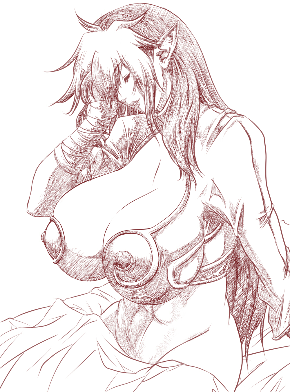 bad_id bad_pixiv_id bandages bottomless breasts cleavage closed_eyes echidna highres huge_breasts lips long_hair monochrome pointy_ears queen's_blade solo yagyuu
