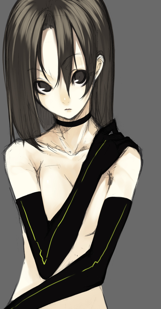 black_hair choker copyright_request covering elbow_gloves gloves senmu solo topless