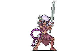 amazon amazoness_(monster_girl_encyclopedia) animated animated_gif dark_skin exet full_body green_eyes long_hair lowres monster_girl monster_girl_encyclopedia pixel_art pointy_ears purple_hair silver_hair solo standing sword tattoo transparent_background weapon