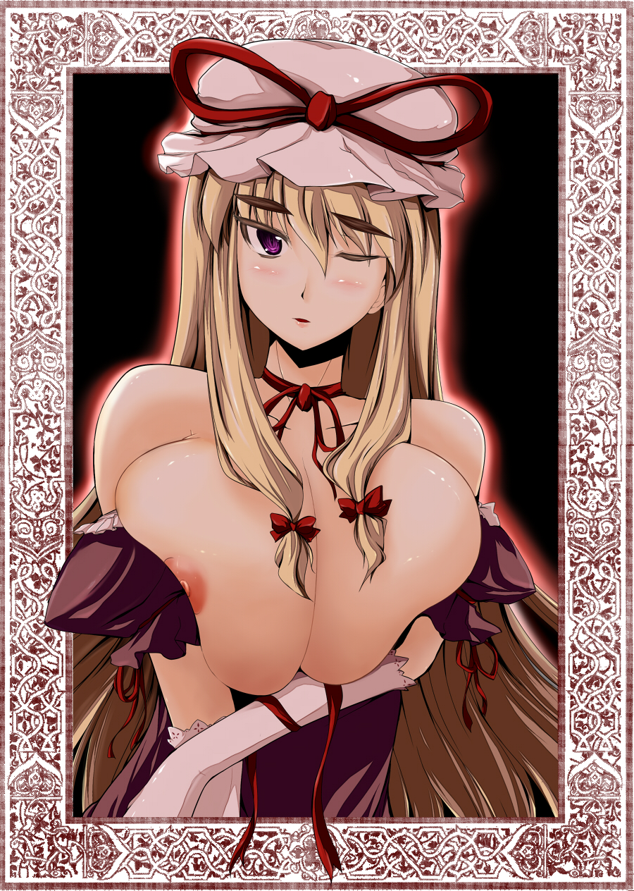 blonde_hair bow breast_squeeze breasts elbow_gloves eyebrows gloves hat highres huge_breasts long_hair one_eye_closed purple_eyes solo stiel thick_eyebrows touhou white_gloves wince yakumo_yukari