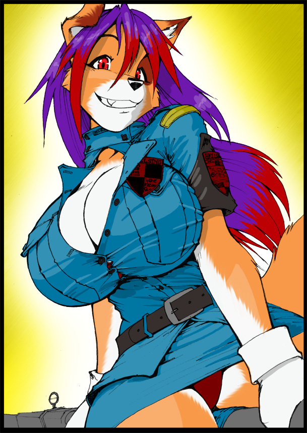 belt big_breasts breasts canine cleavage clothed clothing cosplay countershading crazed_look fangs female fox furry fyxe gloves grin gun hair hellsing huge_breasts long_hair looking_at_viewer mammal multi-colored_hair oppai panties police_uniform purple_hair ranged_weapon red_eyes red_hair seras_victoria sitting skirt smile solo strype tail two_tone_hair undead underwear uniform upskirt vampire weapon