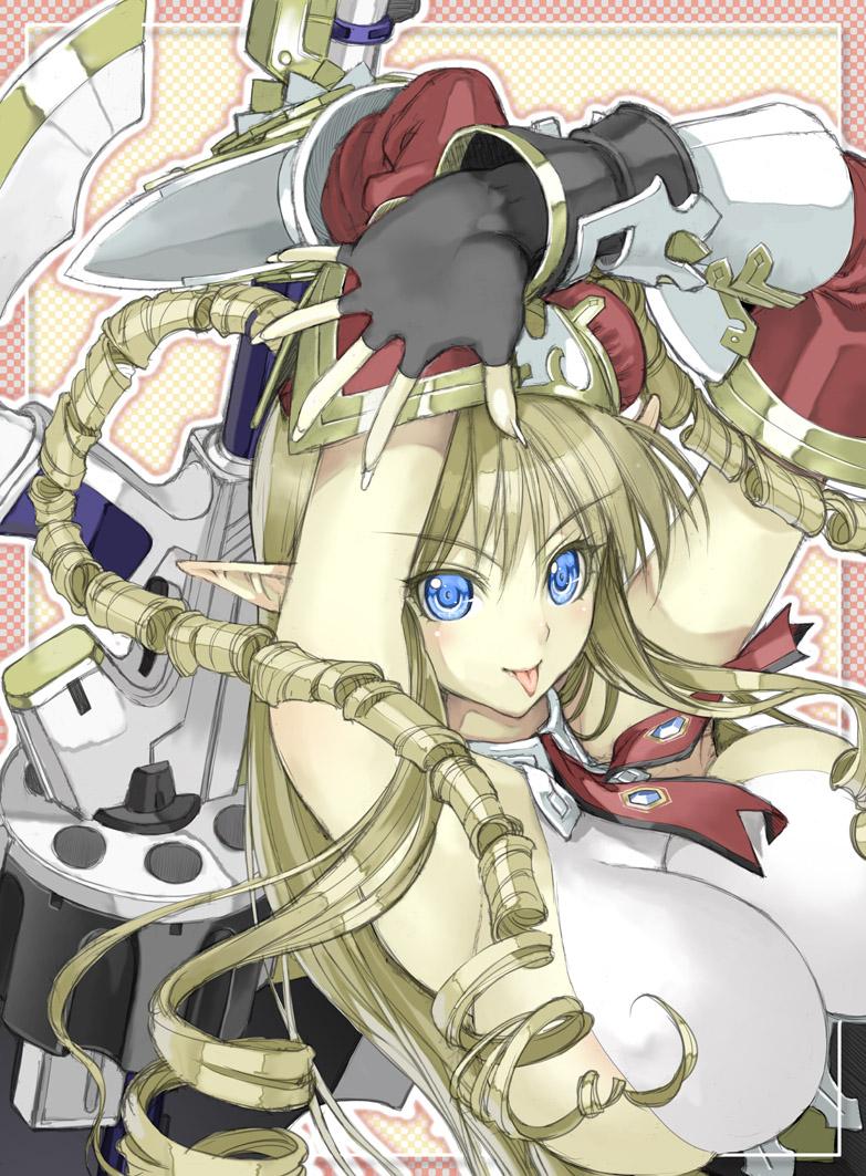 :p areola_slip areolae armpits arms_up blonde_hair blue_eyes blush breasts checkered covered_nipples crown curly_hair drill_hair elf fingerless_gloves gloves gun hairpods handgun huge_breasts huge_weapon long_hair nakabayashi_reimei neige_hausen pointy_ears revolver sideboob sketch solo super_robot_wars super_robot_wars_og_saga_mugen_no_frontier super_robot_wars_og_saga_mugen_no_frontier_exceed sword tongue tongue_out twin_drills twintails weapon