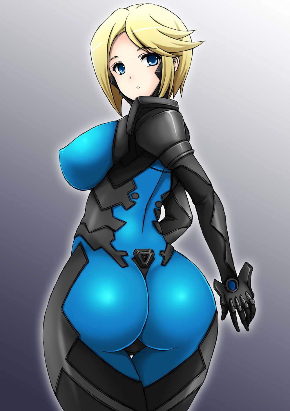 ass blonde_hair blue_eyes bodysuit breasts covered_nipples from_behind highres huge_ass large_breasts looking_back muvluv muvluv_alternative muvluv_total_eclipse pilot_suit short_hair skin_tight solo stella_bremer thigh_gap wakame wide_hips