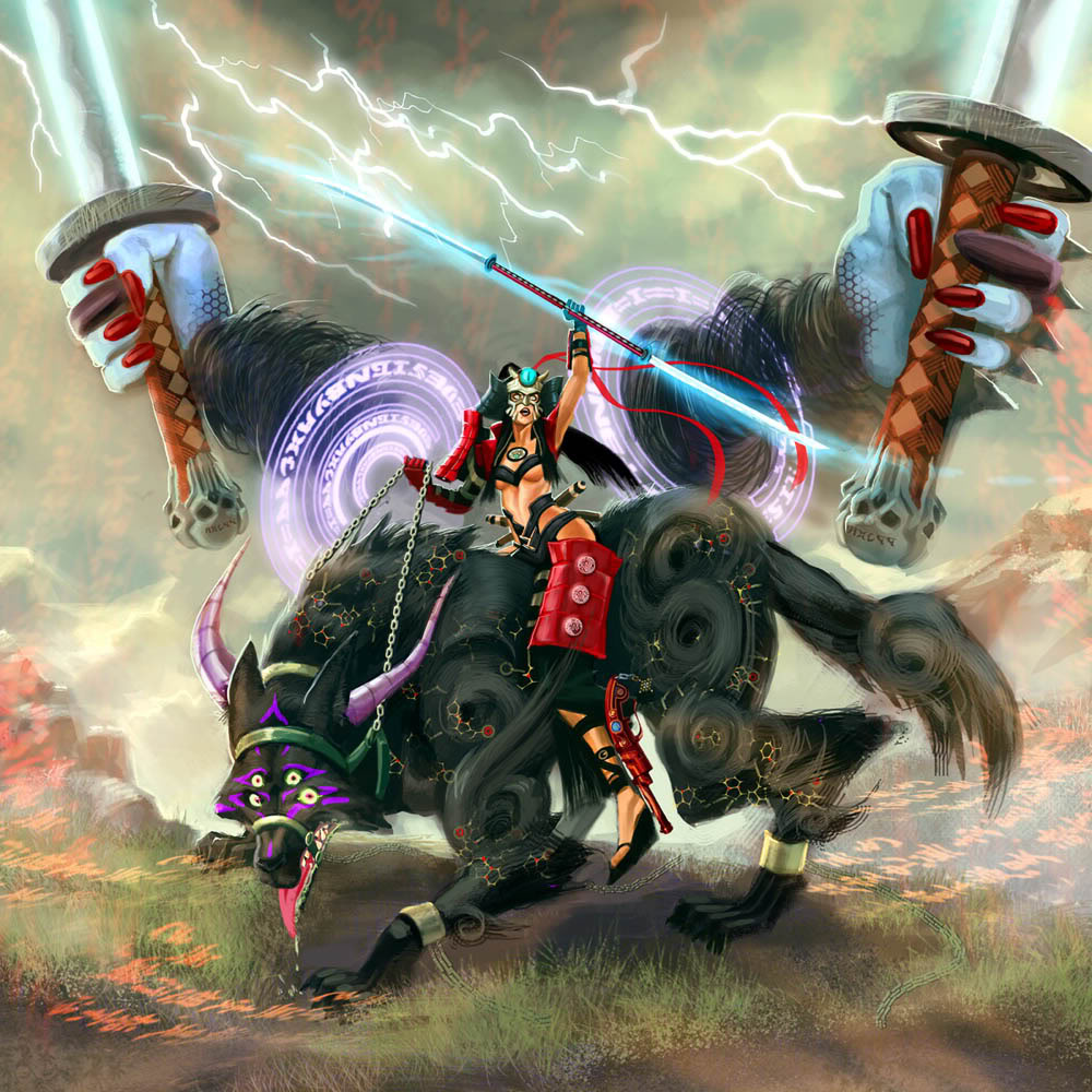 bayonetta bayonetta_(character) field horns lightning magic monster samurai sword warrior weapon witch wolf