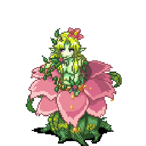 alraune animated animated_gif exet flower full_body green_hair hair_over_breasts idle_animation long_hair lowres monster_girl monster_girl_encyclopedia pixel_art plant plant_girl pointy_ears purple_eyes solo sprites transparent_background