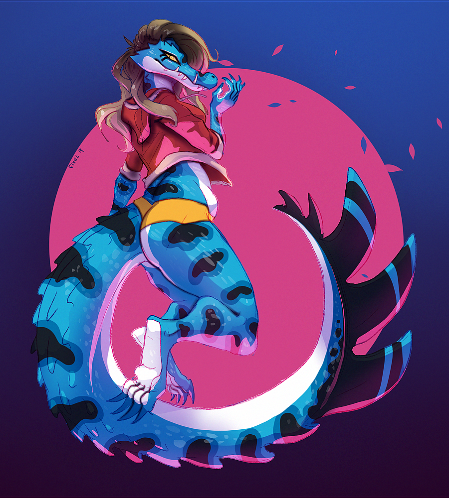 2019 5_fingers anthro barefoot biped black_markings black_scales blue_background blue_markings blue_scales blue_stripes breasts brown_hair butt claws clothed clothing countershading crocodile crocodilian digital_media_(artwork) eyelashes feet female fivel floating hair hoodie long_hair long_tail looking_aside looking_at_viewer looking_away looking_back markings multicolored_scales nile_crocodile non-mammal_breasts orange_sclera partially_clothed pink_background portrait pose red_clothing reptile scales scalie scampi sharp_teeth side_view signature simple_background slit_pupils smile snout solo spines striped_scales stripes suspended_in_midair teeth toe_claws toes underwear white_scales yellow_clothing yellow_eyes