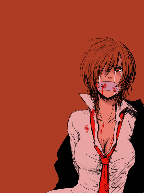 a-ka bdsm bondage bound breasts brown brown_eyes brown_hair cleavage duplicate gag gagged improvised_gag large_breasts meiko necktie red short_hair solo tape tape_gag tears tied_up vocaloid