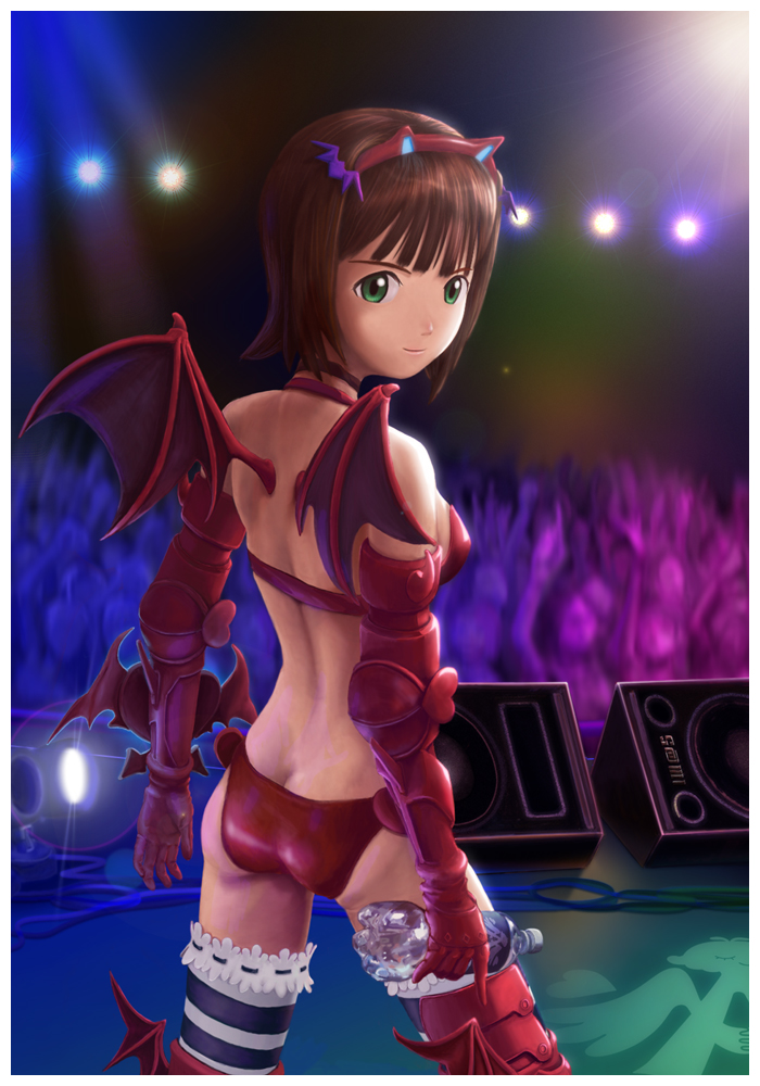 amami_haruka back bad_id bad_pixiv_id bat_wings bottle brown_hair butt_crack calma choker elbow_gloves gauntlets gloves green_eyes hair_ornament hairband idolmaster idolmaster_(classic) lens_flare nightmare_blood solo stage striped striped_legwear thighhighs water_bottle wings