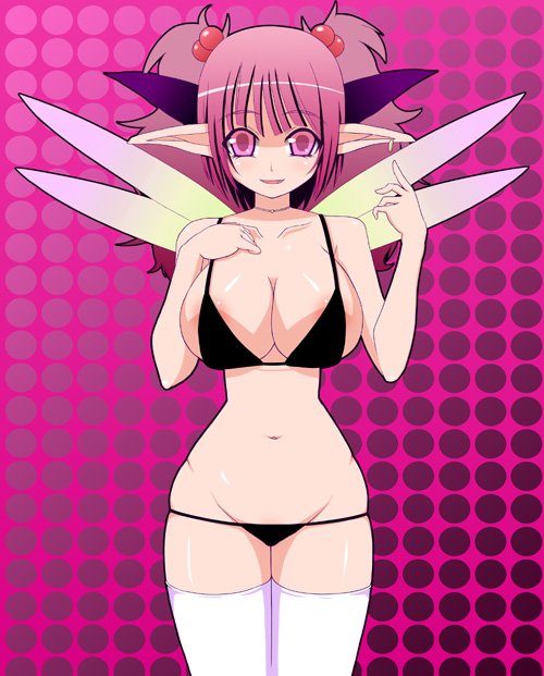 areolae bikini breasts cleavage earrings fairy groin hair_bobbles hair_ornament hand_on_own_chest jewelry large_breasts nama_ham_(hatsuyuki) navel necklace original pink_eyes pink_hair pointy_ears polka_dot smile solo swimsuit thick_thighs thighhighs thighs twintails white_legwear wide_hips wings