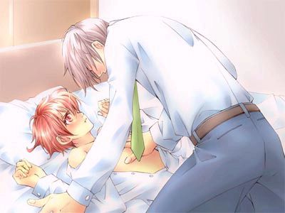 2boys artist_request bed blush character_request copyright_request lowres male male_focus multiple_boys necktie open_clothes open_shirt red_hair shirt source_request tie touch touching yaoi