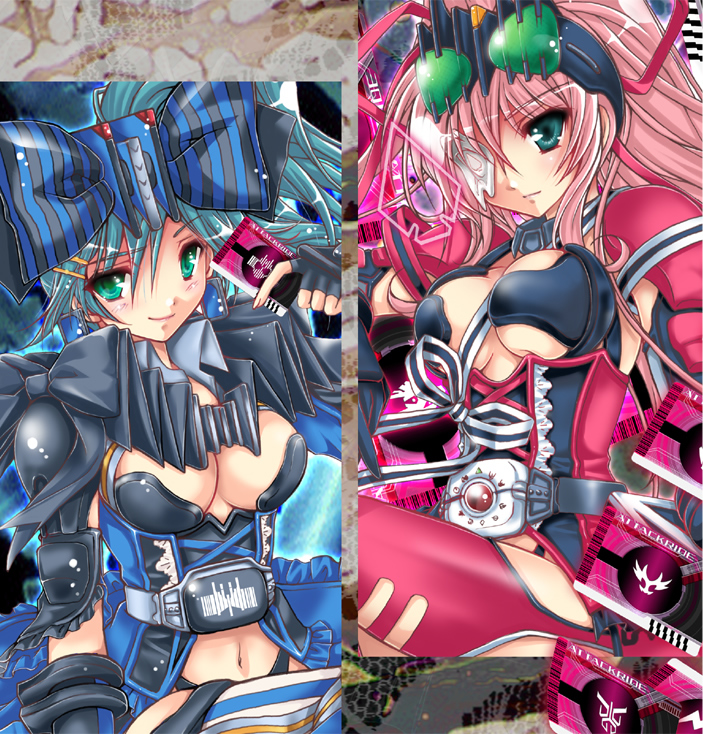 aqua_eyes belt blue_hair blush bow breasts card cleavage eyepatch fingerless_gloves genderswap genderswap_(mtf) gloves goggles hair_ornament hairclip holding holding_card kamen_rider kamen_rider_dcd kamen_rider_decade kamen_rider_diend large_breasts long_hair multiple_girls navel pink_hair ponytail ribbon shisaki_tayu smile striped striped_legwear thighhighs