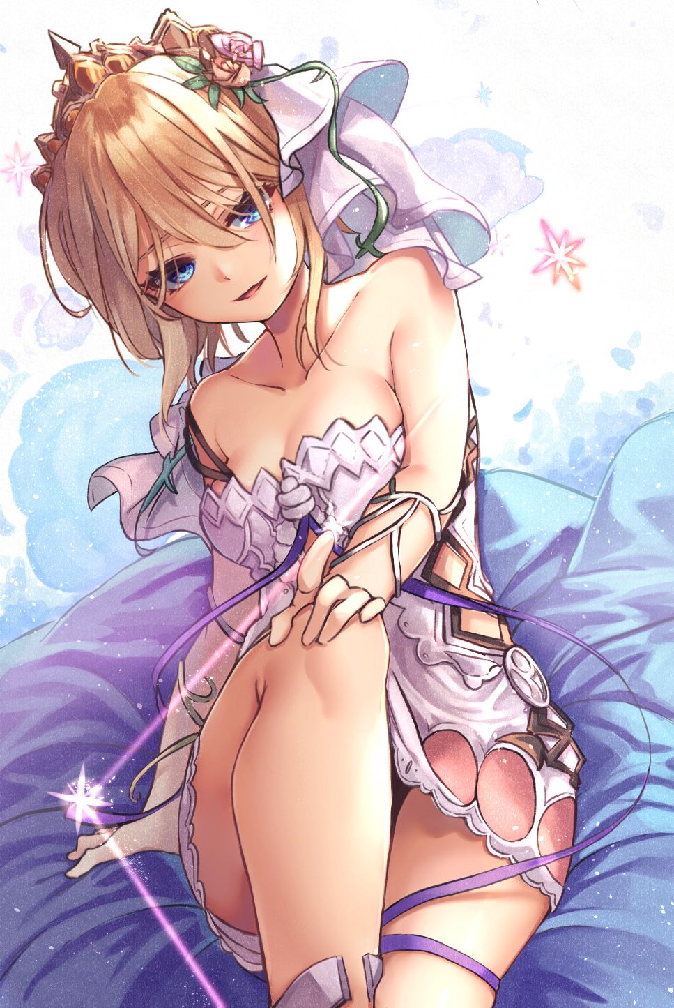 1girl bangs bare_shoulders blonde_hair blue_eyes blush breasts bridal_veil cleavage collarbone dress europa_(granblue_fantasy) eyebrows_visible_through_hair flower glint granblue_fantasy hair_between_eyes hair_flower hair_ornament highres looking_at_viewer medium_breasts mizuiro_raika open_mouth rose short_hair sitting smile solo tiara veil white_dress