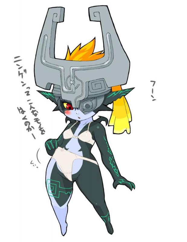 1girl blonde_hair blush bra female helmet imp imp_midna jpeg_artifacts kemonon lingerie midna panties pointy_ears red_eyes ricosye simple_background solo the_legend_of_zelda the_legend_of_zelda:_twilight_princess translated twilight_princess underwear