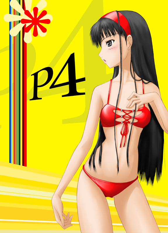 akanako amagi_yukiko bikini black_eyes black_hair breasts front-tie_top hairband long_hair medium_breasts persona persona_4 solo swimsuit