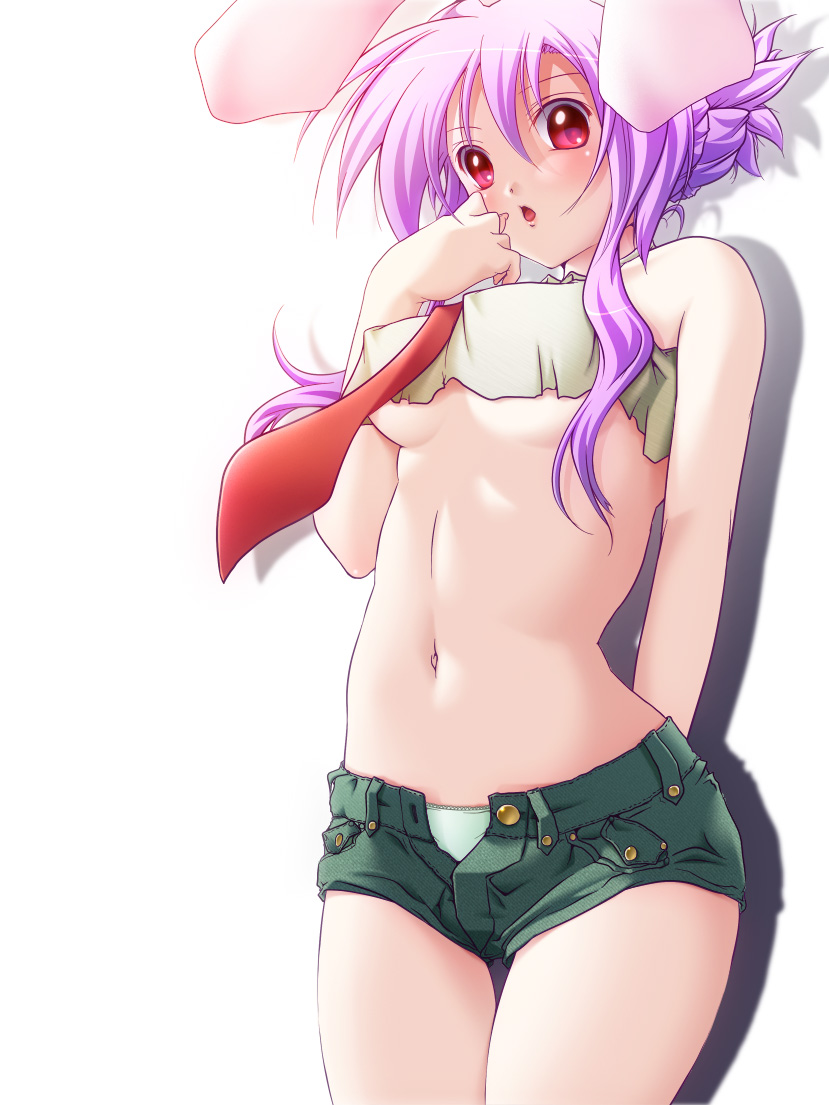 alternate_hairstyle animal_ears bare_shoulders blush breasts bunny_ears colorized denim denim_shorts haruyonoto md5_mismatch medium_breasts nakajou navel necktie open_clothes open_shorts panties purple_hair red_neckwear reisen_udongein_inaba shorts simple_background solo touhou underboob underwear unzipped white_background