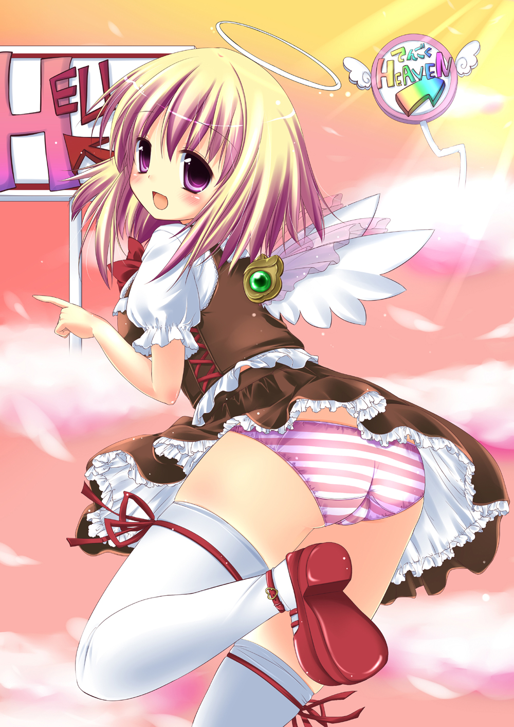 angel ass ayase_miko blonde_hair blush halo highres looking_back original panties purple_eyes short_hair solo striped striped_panties thighhighs underwear wings