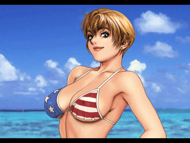 ;d america american_flag_bikini animated animated_gif aprel_o'gin armpits bangs bare_shoulders bikini bikini_pull blonde_hair blue_eyes bouncing_breasts breasts cloud covered_nipples day earrings eyelashes flag_print game_cg gif_artifacts grin hair_between_eyes hands_on_hips jewelry large_breasts letterboxed lips lipstick looking_at_viewer makeup motion_blur nipples ocean one_eye_closed open_mouth outdoors photo_background profile short_hair sky smile solo standing star string_bikini striped swimsuit taisen_hot_gimmick tsukasa_jun upper_body wardrobe_malfunction water winking_(animated)