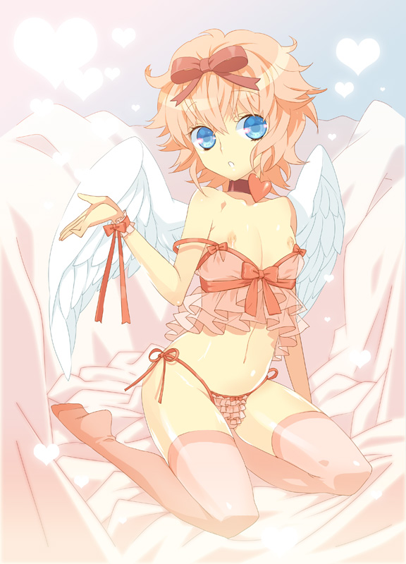 androgynous angel blonde_hair blue_eyes bow camisole choker cupid_(mami) frilled_panties frills hair_bow male_focus mami_(apsaras) off_shoulder open_mouth original otoko_no_ko panties pink_legwear salon_pixiv side-tie_panties sitting solo thighhighs thong underwear wings wrist_cuffs