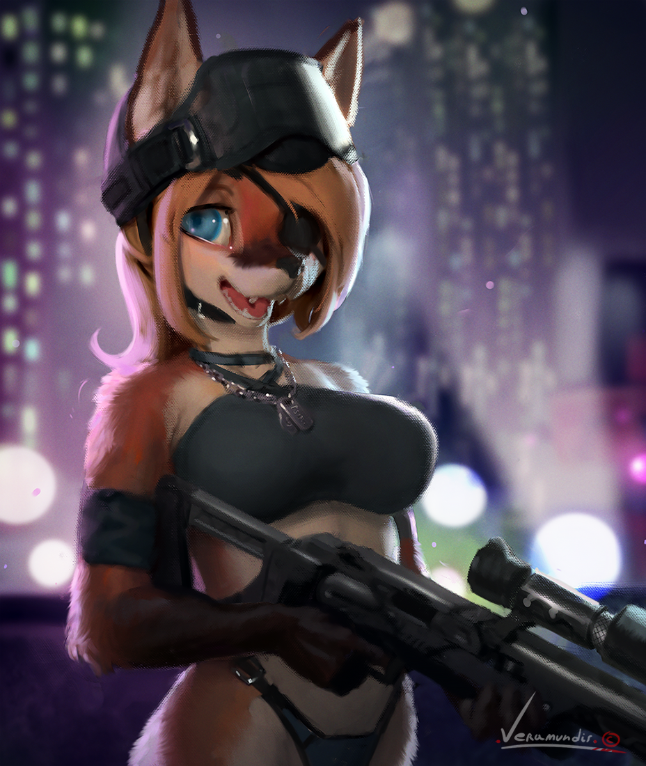 2018 anthro blonde_hair bra canid canine clothing dog_tags eye_patch eyewear female fox fur gun hair holding_object holding_weapon mammal multicolored_fur open_mouth orange_fur outside panties ranged_weapon rifle signature smile solo teeth tongue two_tone_fur underwear veramundis weapon white_fur