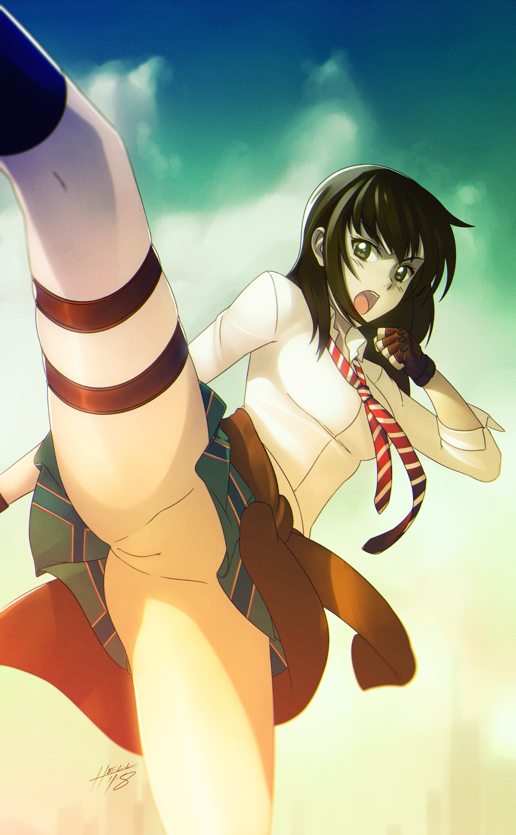 1girl 2018 angry ass black_hair clenched_hand clothes_around_waist coppelion fighting fingerless_gloves gloves green_skirt hell_machina high_kick highres kicking long_hair looking_at_viewer miniskirt naruse_ibara no_panties open_mouth outdoors pale_skin pleated_skirt pussy signature skirt sky sleeves_rolled_up solo striped striped_neckwear thigh_strap uncensored upper_teeth white_skirt