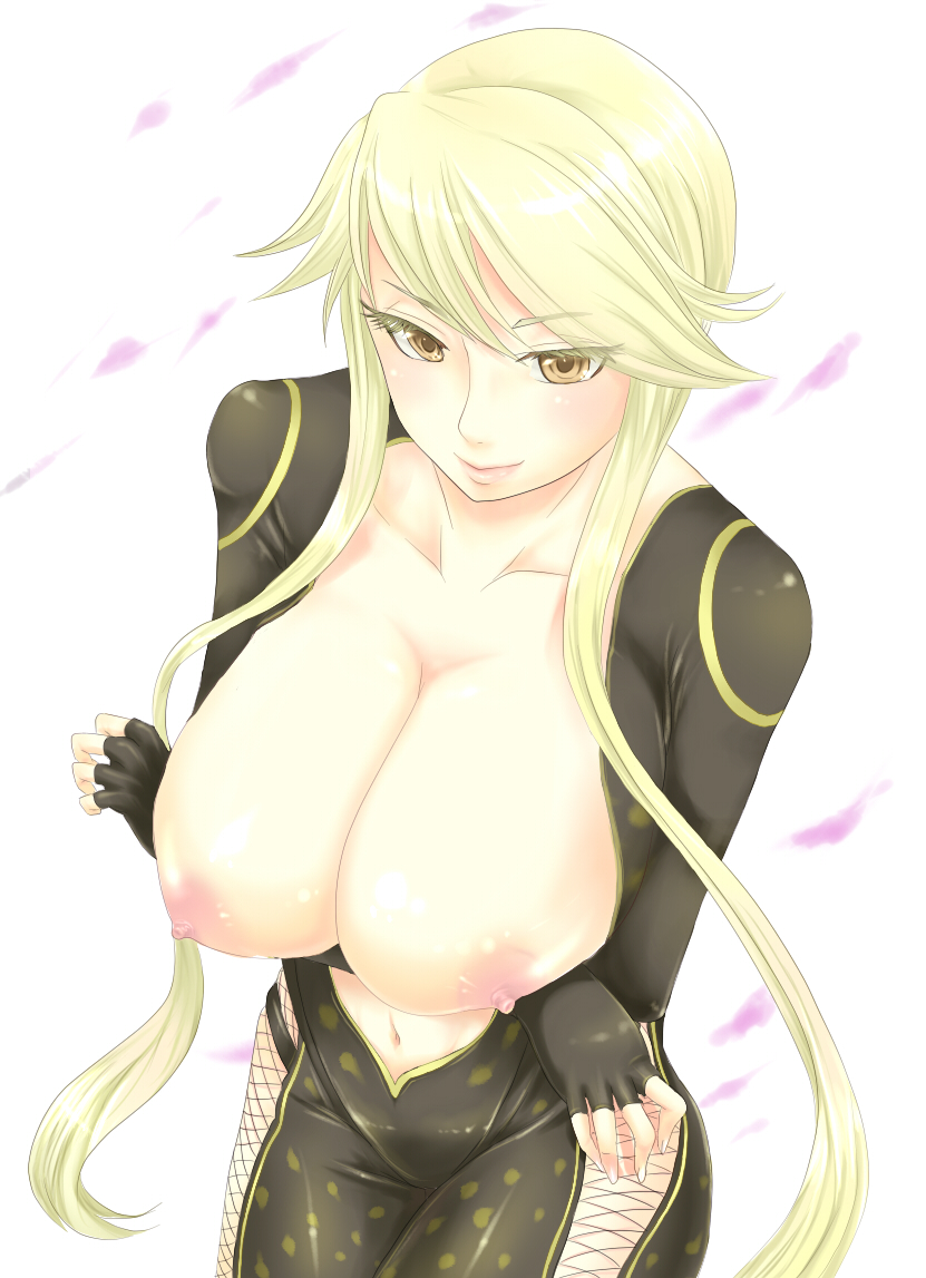 bad_id bad_pixiv_id blonde_hair breast_hold breast_lift breasts cleavage fingerless_gloves gloves huge_breasts kasuga_(sengoku_basara) kazane_chinya long_hair nipples sengoku_basara solo