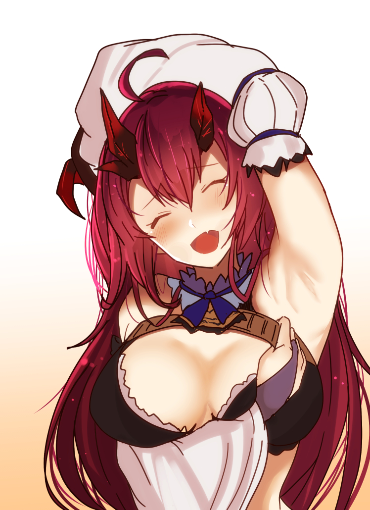 1girl ahoge arito_arayuru arm_up armpits bangs bare_shoulders blue_neckwear blush breasts breasts_apart choker curled_horns demon_horns detached_sleeves eyebrows_visible_through_hair eyes_closed facing_viewer fang gradient gradient_background hair_between_eyes horns large_breasts long_hair long_sleeves magrona magrona_channel open_mouth red_hair smile solo upper_body virtual_youtuber