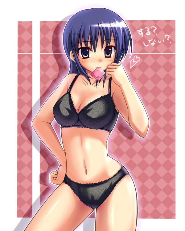 1girl bra breasts cleavage condom condom_in_mouth female heart kuurunaitsu lingerie mouth_hold navel panties pixiv3663 purple_hair solo underwear