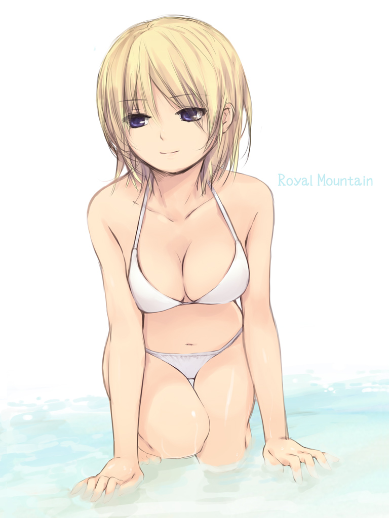 bangs beach bikini blonde_hair breasts cleavage coffee-kizoku eyebrows_visible_through_hair large_breasts navel original partially_submerged purple_eyes shiny shiny_skin short_hair smile solo swimsuit thigh_gap translation_request water