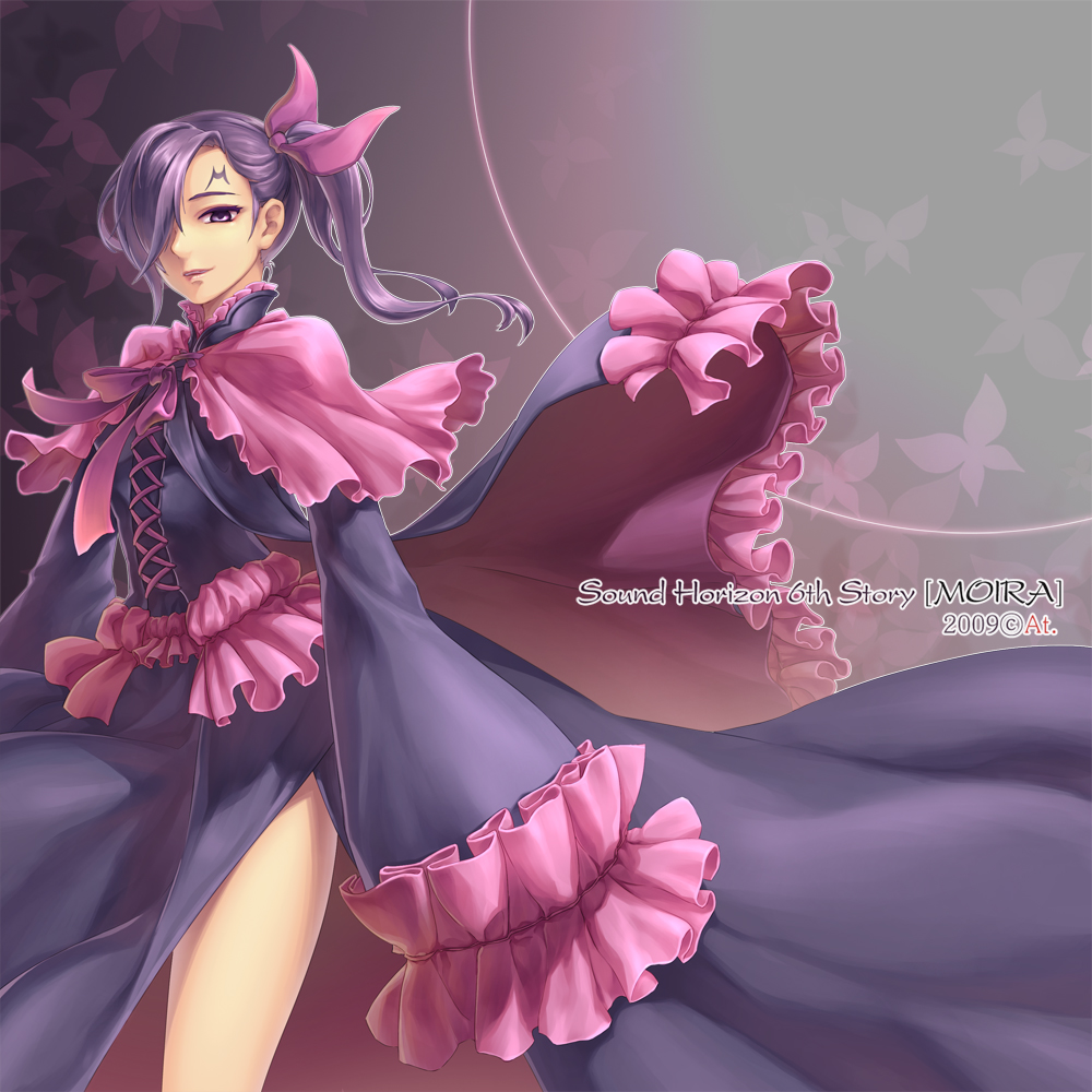 2009 bad_id bad_pixiv_id bug butterfly cape capelet circle copyright_name cowboy_shot cross-laced_clothes dress facial_mark flat_chest forehead_mark frilled_cape frilled_dress frilled_sleeves frills gradient gradient_background hair_over_one_eye hair_ribbon high_ponytail insect light_smile long_hair looking_at_viewer moira mu_(sound_horizon) one_eye_covered parted_lips pink_ribbon purple_dress purple_eyes purple_hair ribbon side_ponytail side_slit silhouette sleeves_past_fingers sleeves_past_wrists solo sound_horizon standing very_long_sleeves yeruen