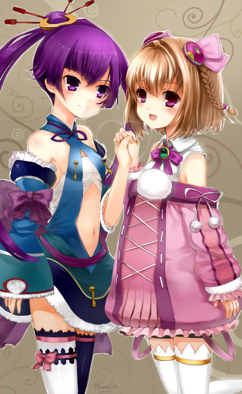 :d ar_tonelico ar_tonelico_iii bad_id bad_pixiv_id bow braid finnel hair_ornament highres holding_hands lace lace-trimmed_thighhighs mismatched_legwear momoko_(momopoco) multiple_girls navel open_mouth purple_eyes purple_hair ribbon saki_(ar_tonelico) smile thighhighs twintails