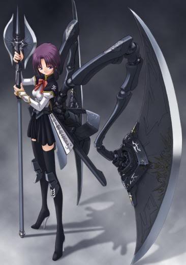 axe bow purple_hair thigh-highs thighhighs weapon wings